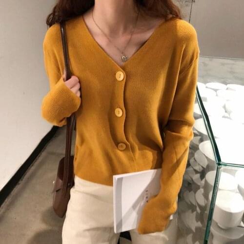 Women 2020 Spring Autumn Casual Knit Cardigan Cropped Knitted Top Female V-Neck Long Sleeve Soft Sweater Vintage Cardigans L384