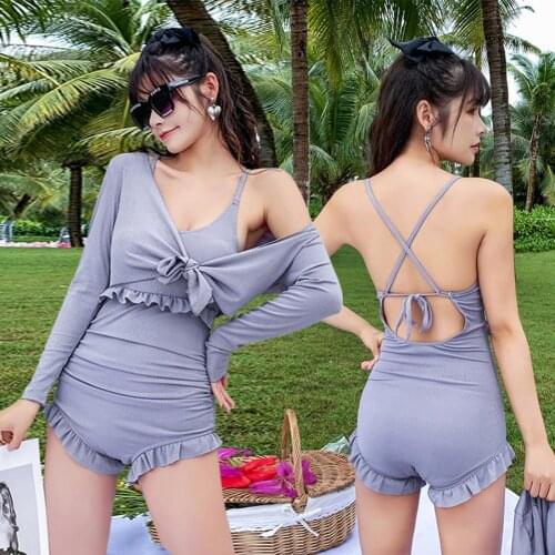 2Pcs/Set Women Backless High Waist Lace Up Solid Color One Piece Swimwear Swimsuit with Sunscreen Shirt
