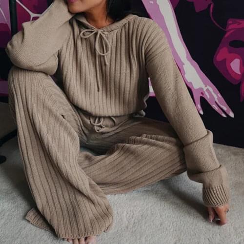 Fashion knit sweater suit two piece pants 2020 New Autumn Winter Casual Loose Hooded Sweater Suit Pullover sweat suits women