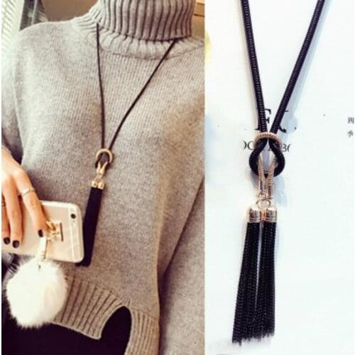 Bohemian black pendant statement necklace fashion jewelry knotted tassel necklace sweater chain female elegant long necklace