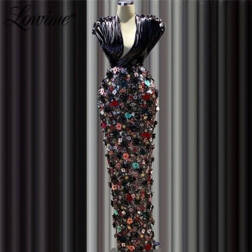 2021 New Arrival Black Mermaid Evening Dresses Deep V Neck Crystal Arabic Dubai Evening Gown Women Formal Party Dress Prom Dress
