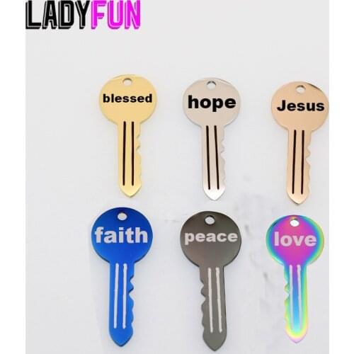 Blessed Hope Jesus Faith Peace Love Key Shape Charm Stainless Steel Key Necklace Pendant Charms High Polish Mirror Pendant 10pcs
