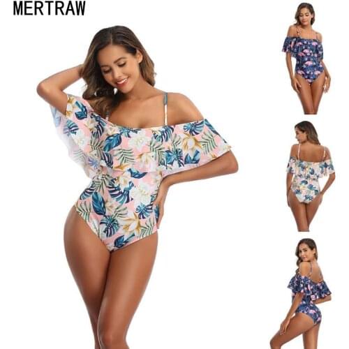 2020 new womens one-piece ruffled word shoulder XL printed halter sexy bikini swimsuit one piece swimsuit