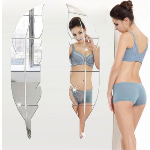 Feather Shaped Acrylic Gold Sliver Long Mirror Stickers Wall Sticker Home Decoration Bathroom Bedroom Living Room Decor