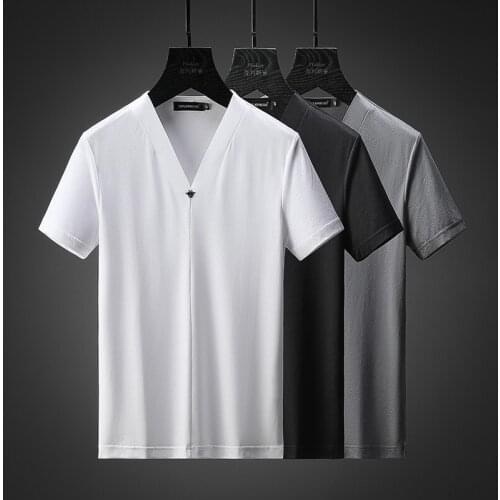 High-end seamless cut Lessel ice silk European and American simple short sleeve T shirt mens summer thin mulberry silk T shirt