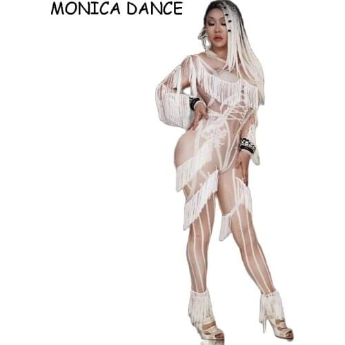 Women Sexy White Tassel Jumpsuits Elastic Skinny Stage Jumpsuits Cosplay Costumes Nightclub Bodysuit Ds Dance Costumes