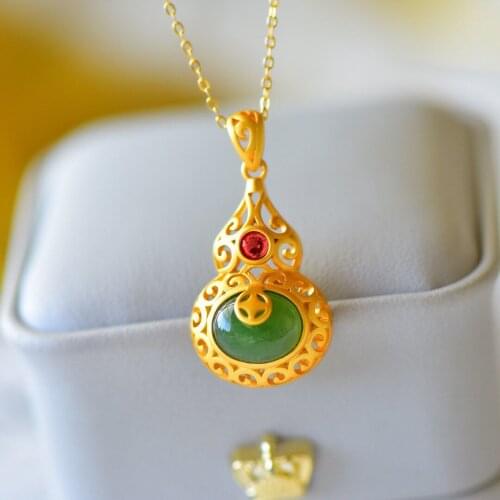 Natural Hetian Jade Green Jade Gourd S925 Sterling Silver Pendant South Red Jade Ethnic Style Necklace Retro Personalized Orname