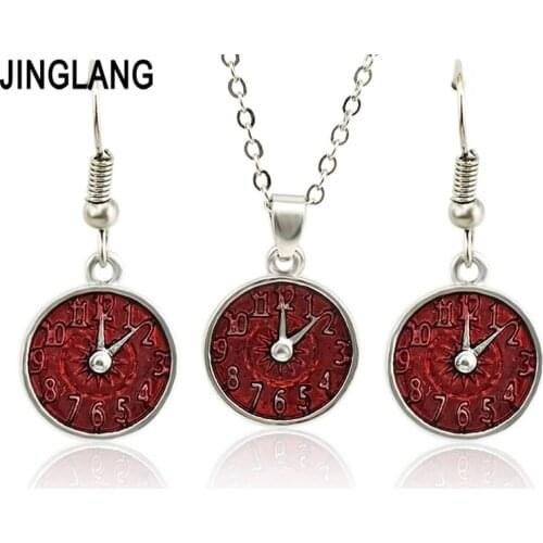 JINGLANG New Clock Earring Pendants Necklace Set For Women Crystal Color Necklaces Fashion Jewelry Christmas Gift