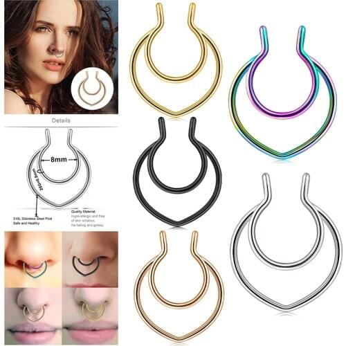 18G Stainless Steel Fake Septum Nose Hoop Rings Faux Lip Ear Nose Septum Ring Non Piercing Clip On Nose Hoop Rings Body Piercing