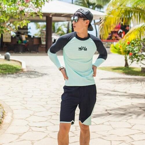 2pc Set eMens Long Sleeve Rash Guards Sunset Stream UPF 50 Swim Tee & Trunks Surf Swim Snorkel Beach T-Shirt w/ Trunks Swimsuit