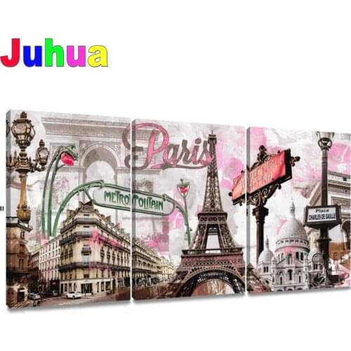 Pink Eiffel Tower Diamond Painting Triptych ,Full square round Diamond Embroidery,Cross Stitch Mosaic 3 Piece,Home Decor