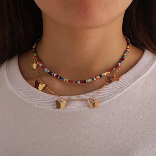 Trendy Double Layer Color Beads Short Choker Necklace Girl Creative Personality Butterfly Pendant Necklace Jewelry Beach Style