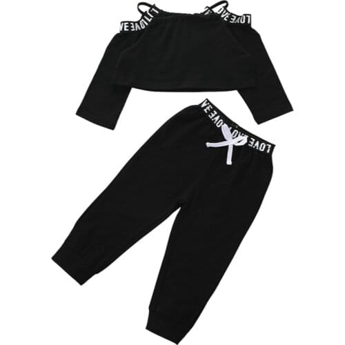 Girls Casual Two-piece Clothes Set Letters Printed Pattern Off-the-shoulder Tops and Elastic Waist Pants Black/ Wine Red
