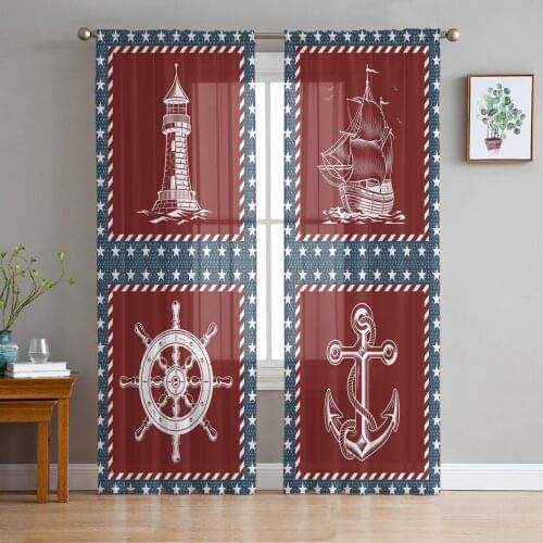 Flag Pentagram Lighthouse Anchor Sheer Curtains for Living Room Modern Voile Curtain Bedroom Tulle Curtains Window Drapes Decor