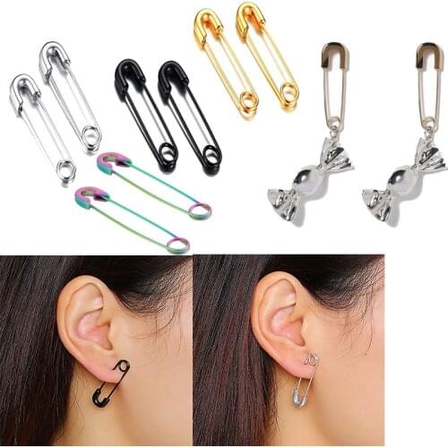 Stainless Steel Trendy Unisex Pin Earrings Punk Rock Style Paperclip Safety Steel Stud Fashion Earrings Women Man Gothic Jewelry