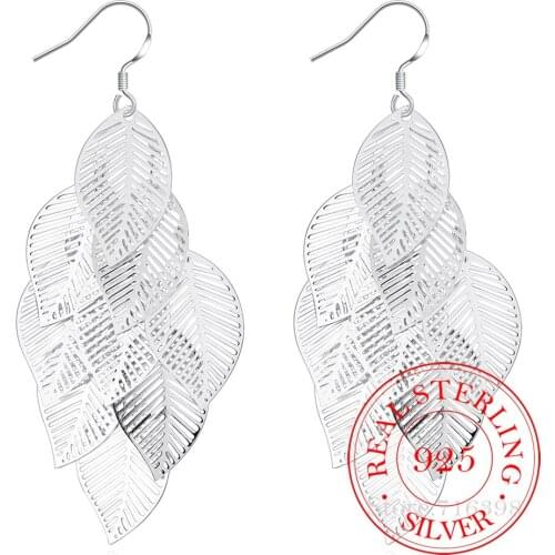 925 Sterling Silver Earring,Wedding Party Jewelry Accessories,Fashion Korean Gloss Leaves Long Dangle Earrings for Women 2020