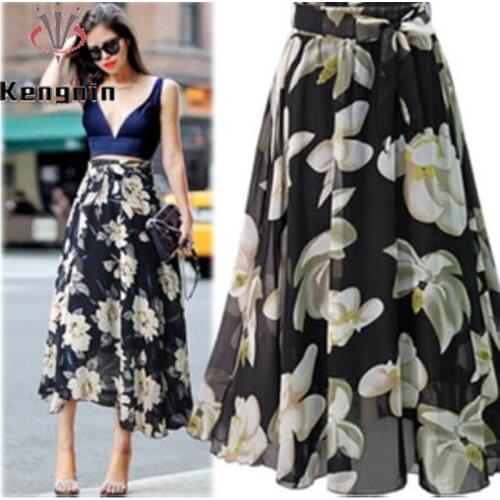 Chiffon Womens Skirts Oversized Womens Skirt 2021 Summer European Print Flowers Bow Sashes Female Midi Skirts KE1438