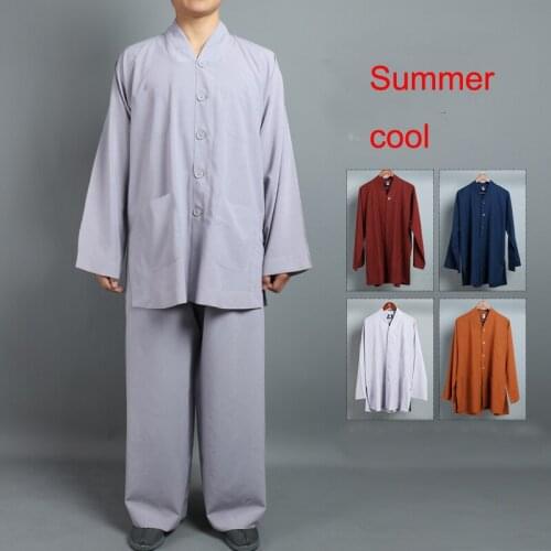 Unisex 4color Summer Buddhist Shaolin Monk kung fu martial arts uniforms buddha lay suits zen clothing red/blue/gray