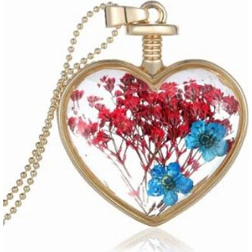 Top Quality Golden Plated Dried Flowers Plant Specimen Heart Shape Glass Floating Living Locket Charms Pendants Necklace
