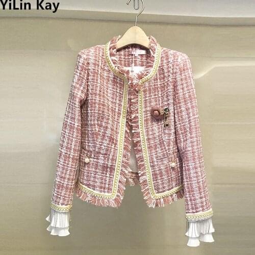 YiLin kay 2019 New autumn and winter temperament fashion tweed short tassel coat Beading Long Sleeve Jacket Coat