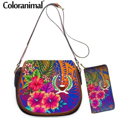Coloranimal PU Leather 2Pcs/Set Crossbody Bag&Wallet Pohnpei Hawaiian Polynesian Plumeria Print Saddle Bag for Women Tote Purse