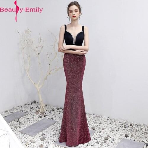 Beauty Emily Elegant V Neck Sleeveless Mermaid Evening Dress 2020 New Arrival Sequined Spaghetti Strap Zipper Back Formal Dress