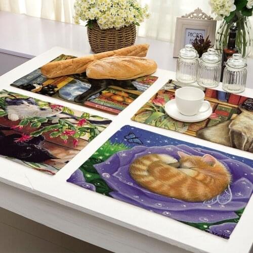 1Pcs Cute Cat Flower Pattern Placemat Dining Table Mats Cotton Linen Drink Coaster Western Pad Cup Mat 42*32cm Home Decor MA0029