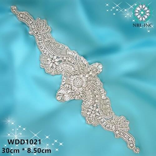 30PCS) Wholesale pearl rhinestone applique wedding crystal beaded applique patch iron on for wedding dress WDD1021