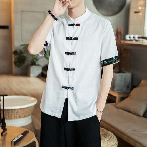 #8115 Black White Cotton Linen Shirt Men Stand Collar Chinese Style Casual Retro Short Sleeve Shirt Regular Fit High Quality 5XL