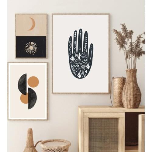 Abstract Geometric Shape Prints Sun Moon Hand Poster Boho Modern Mid Century Wall Art Picture Canvas Painting Living Room Decor