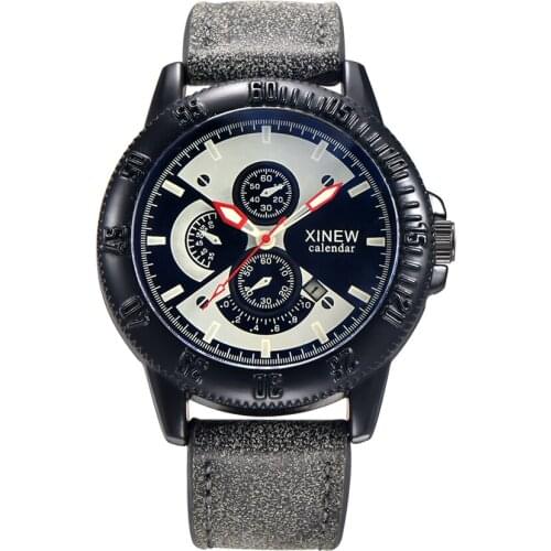Hot Sale Brand XINEW Watches Men Fashion Sports Laser Window Leather Strap Casual Quartz Watch with Date Calendar Erkek Saat