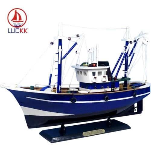 LUCKK America Style Fishing Boat Blue 45*13*31cm Luxurious Wooden Sailboat Toys Sailing Model Home Decor