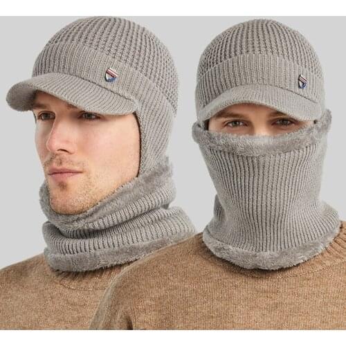 Men Winter 2 Pieces Set Visor Brim Earflap Beanie Hat with Circle Scarf Knitted Thicken Plush Lined Skullies Baseball Cap Windp