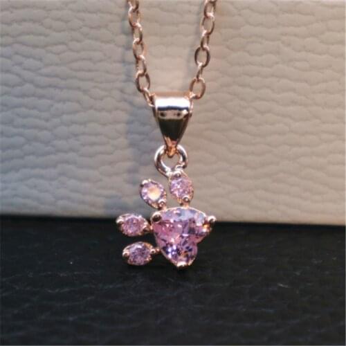 Welcome Wholesale Cute Bear Dog Paw Rose Gold Pendant Necklace For Women Wedding Pink CZ Love Footprint Dropshipping Jewelry