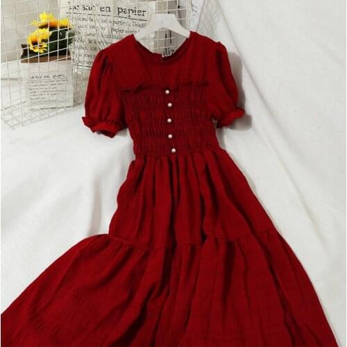 Elegant Summer Women O-Neck Puff Sleeve Pleated Bead Ruffles Dress Lady A-Line Elastic Slim Waist Pullover Chic Party Midi Dress