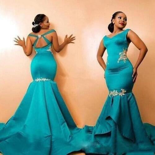 African Mermaid Prom Dresses Criss Cross Straps Sweep Train Appliques Long Evening Party Gowns Special Occasion Dress