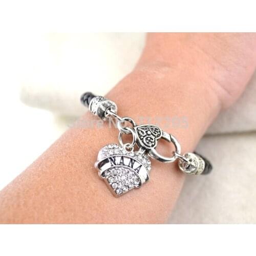 Fashion NANA Black Braided Leather Lobster Claw Bracelet Crystal Heart family Jewelry