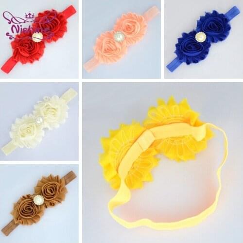 Nishine 12 CM Two Handmade Chiffon Flowers Elastic Headband Rough Edge Floral Hairband with Pearl Rhinestone Baby Accessories