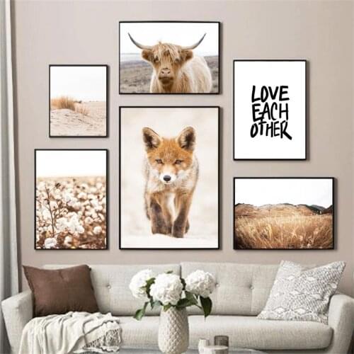 Fox Cattle Beach Reed Grass Quotes Autumn Wall Art Canvas Painting Nordic Posters And Prints Wall Pictures For Living Room Decor