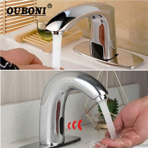 OUBONI Chrome Polished Automatic Hands Touch Free Bathroom Sensor Faucet Solid Brass Hot & Cold Mixer Tap Wash Basin Faucet