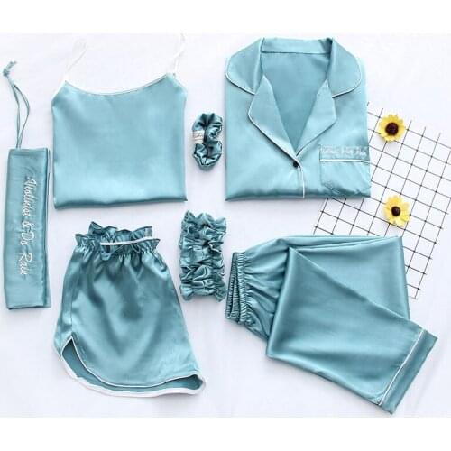 7 Pieces Sleepwear Pyjama Set 2020 Women Autumn Winter Sexy Pajamas Sets Sleep Suits Soft Sweet Cute Nightwear home clothing