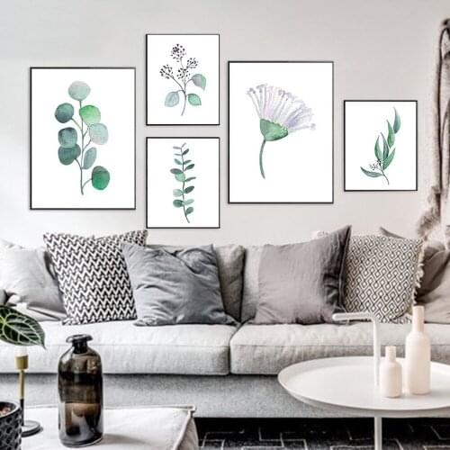 Watercolor Leaf Green Plant Poster Nordic Style Ginkgo Eucalyptus Leaf Canvas Painting Wall Art Pictures for Bedroom Living Room