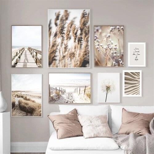 Flower Reed Dandelion Poster Beach Bridge Canvas Print Sand Grass Wall Art Painting Landscape Wall Pictures Living Room Decor