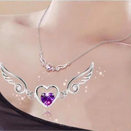 Romantic Angel Wing Heart Necklace Pendant Necklaces For Women Love Charm Lady Necklace Jewelry Gift Angela Choker