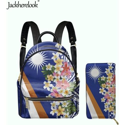 Jackherelook Island Kwajalein Flag Polynesian Plumeria Satchel Purse 2pcs/Set Luxury Women PU Small Backpack Girls Mini Bookback