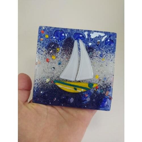 Sailboat Glass Tile 10*10 cm Fused Glass Art Turkish Handmade Special Design Home Decor Made in Turkey