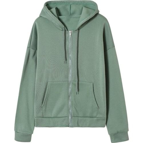 Womens Hooded Sweatshirt with 2 Pockets Solid Color Long Sleeved Zipper Design Loose Casual Plus Size Winter Clothes XIN