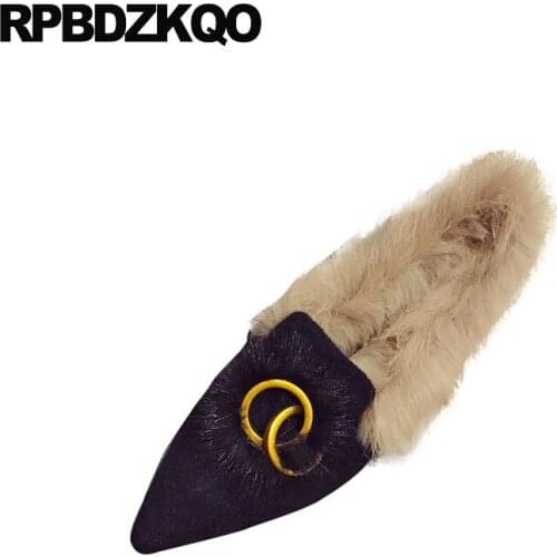 Comfortable ladies designer suede metal pointy black pointed toe slip on women winter fur chinese shoes china embellished 2018