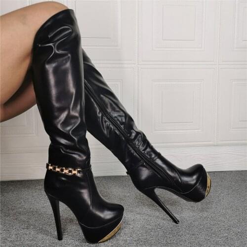 Big Size 47 Sexy Woman Black Leather Platform Chains Knee High Boots Round Toe Super Heels Cheap Night Club Long Boots