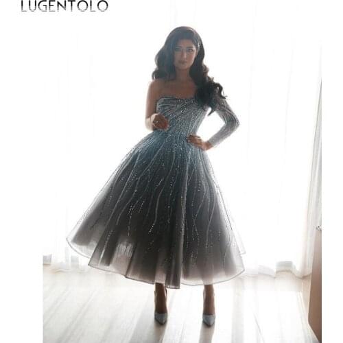 Party Dress Women Slim Small Sequins One-shoulder Diagonal Collar Sexy Dresses Female Empire Big Swing Dinner Dress Lugentolo